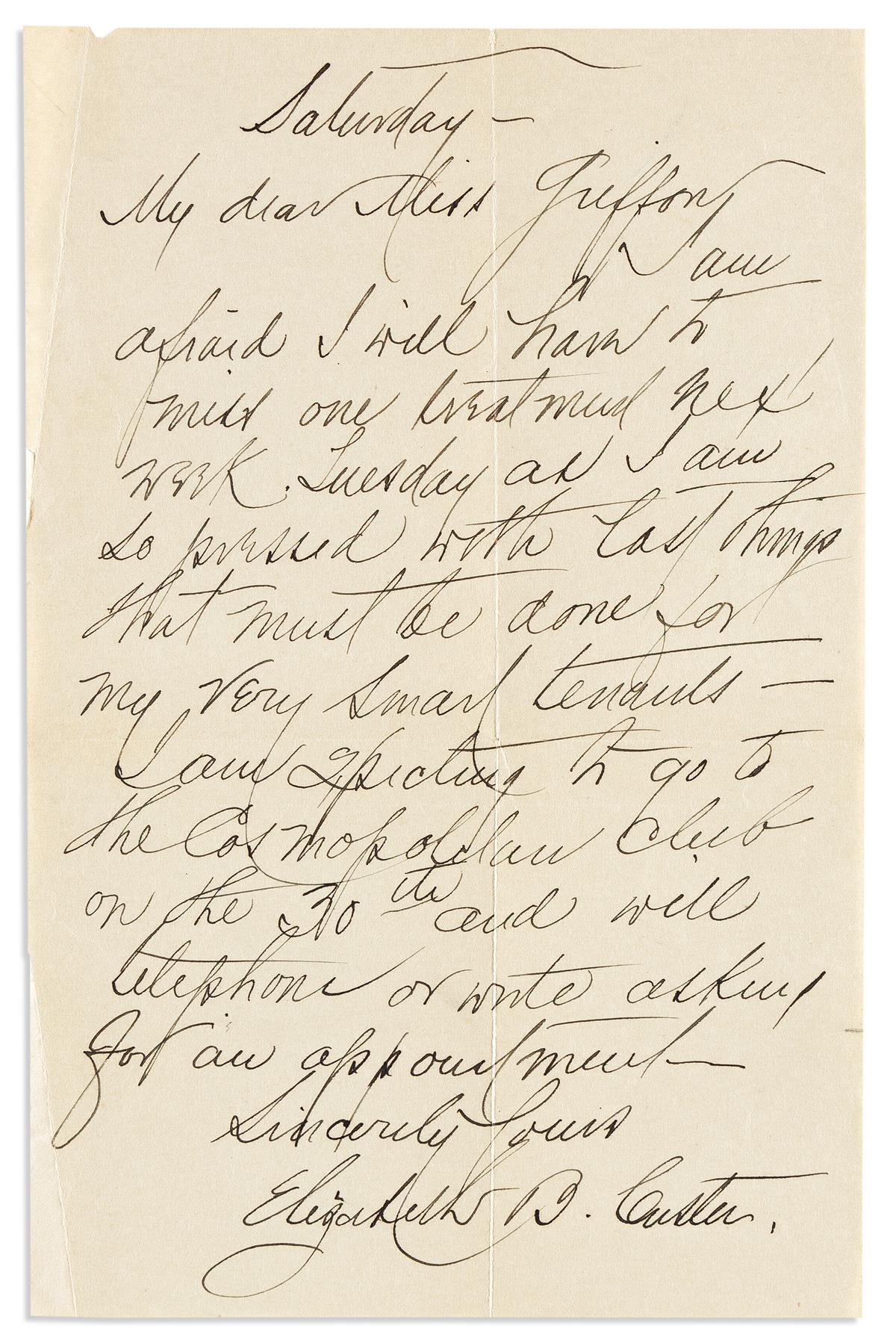 CUSTER, ELIZABETH BACON. Group of 4 items, each Signed and Inscribed, to Olive Griffin, in ink or pencil: Two Autograph Letters * Autog